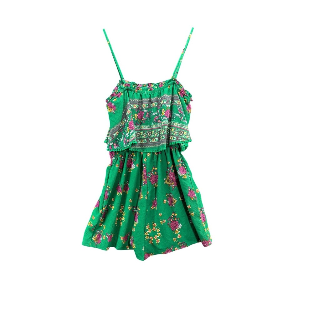 Miami M Romper Green Floral Boho Ruffle Overlay Pom Pom Spaghetti Strap Shorts
